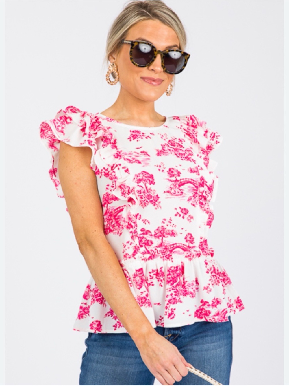 Ruffled Peplum Blouse - White & Hot Pink